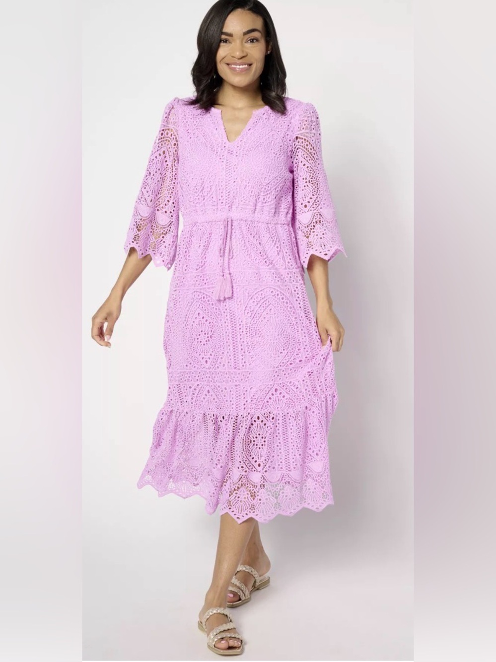 Destination 365 Crochet Midi Dress with Rope Tie Orchid and lining